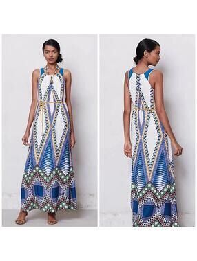 Anthropologie x Maeve Pakpao Belted Maxi Dress Size 4 White Blue Bohemian